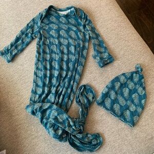 Newborn knot gown green feathers baby boy girl sleep outfit with matching hat